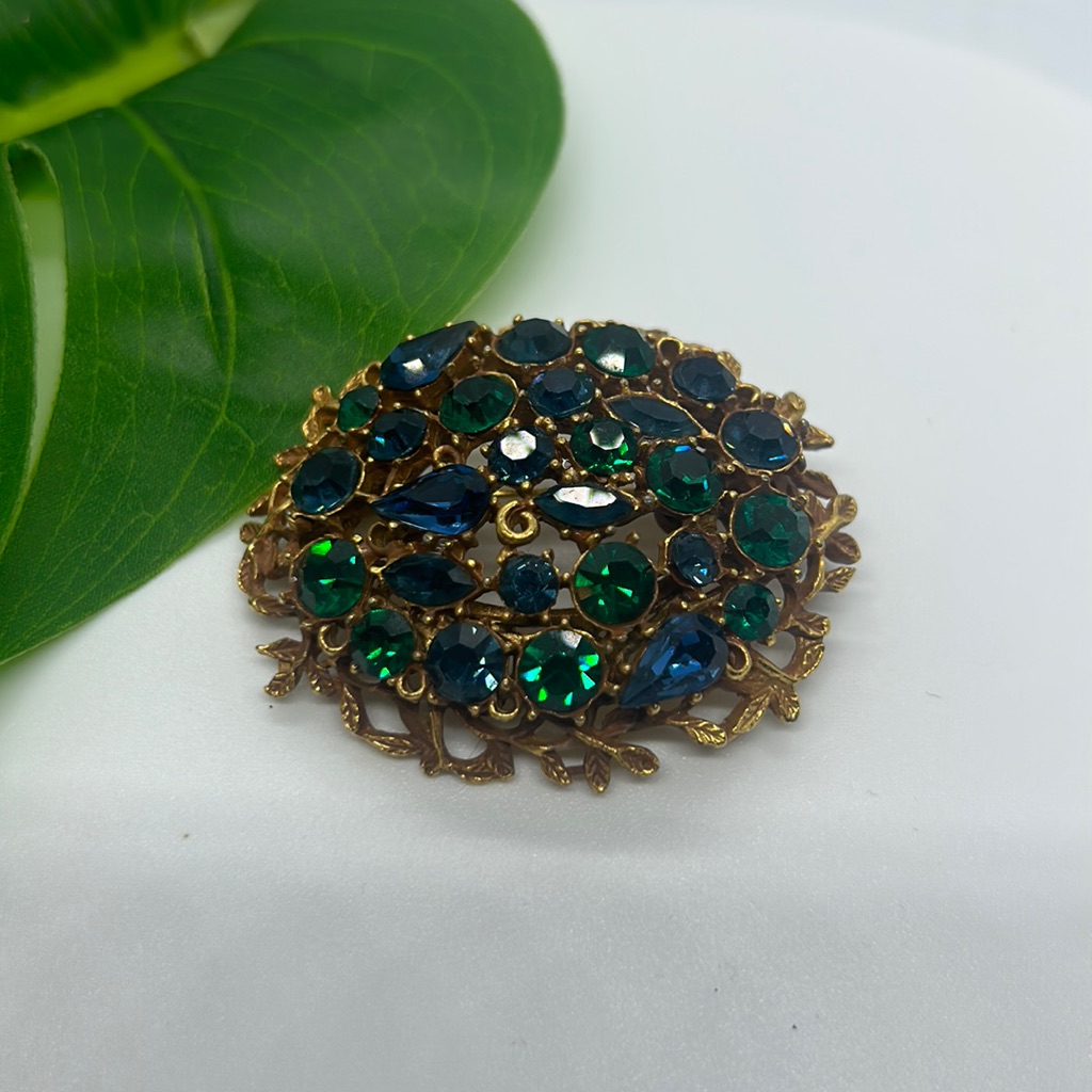 Vintage Bsk Gold Tone Blue And Green Jewel Brooch